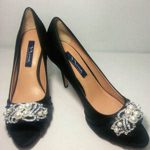 Nina by Swarovski Black Satin Heels with Pearls NW